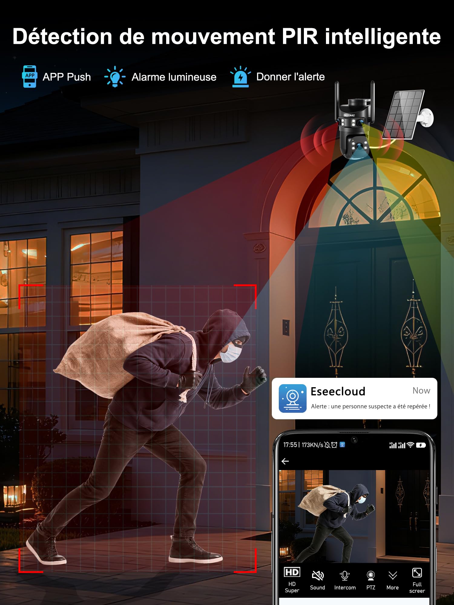 4K Caméra Surveillance WiFi Extérieure à triple objectif,2.4/5G WIFI,360° PTZ Camera Solaire,12MP Détection Humaine,avec Batterie,Suivi Automatique,Vision Nocturne Couleur,Étanche,Audio Bidirectionnel