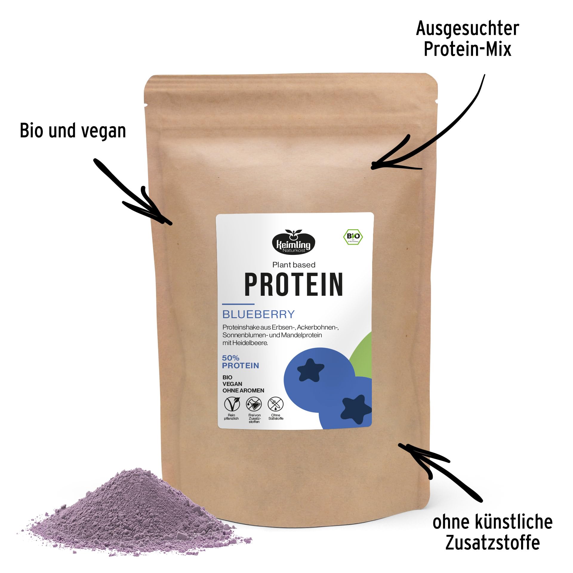 Keimling Bio Vegan Proteinshake Mix Bundle 2000 g – 4 vegane Proteinpulver Natural, Blueberry, Pink Pitaya & Pure Choc – pflanzliches Eiweiß in Bio-Qualität inkl. Glasshaker