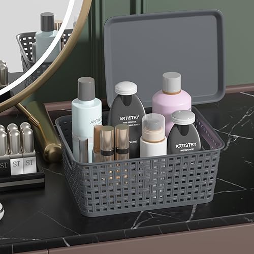 Miniatura 5 de Paquete de 6 cestas pequeñas de almacenamiento tejidas de plástico con tapa, canasta gris