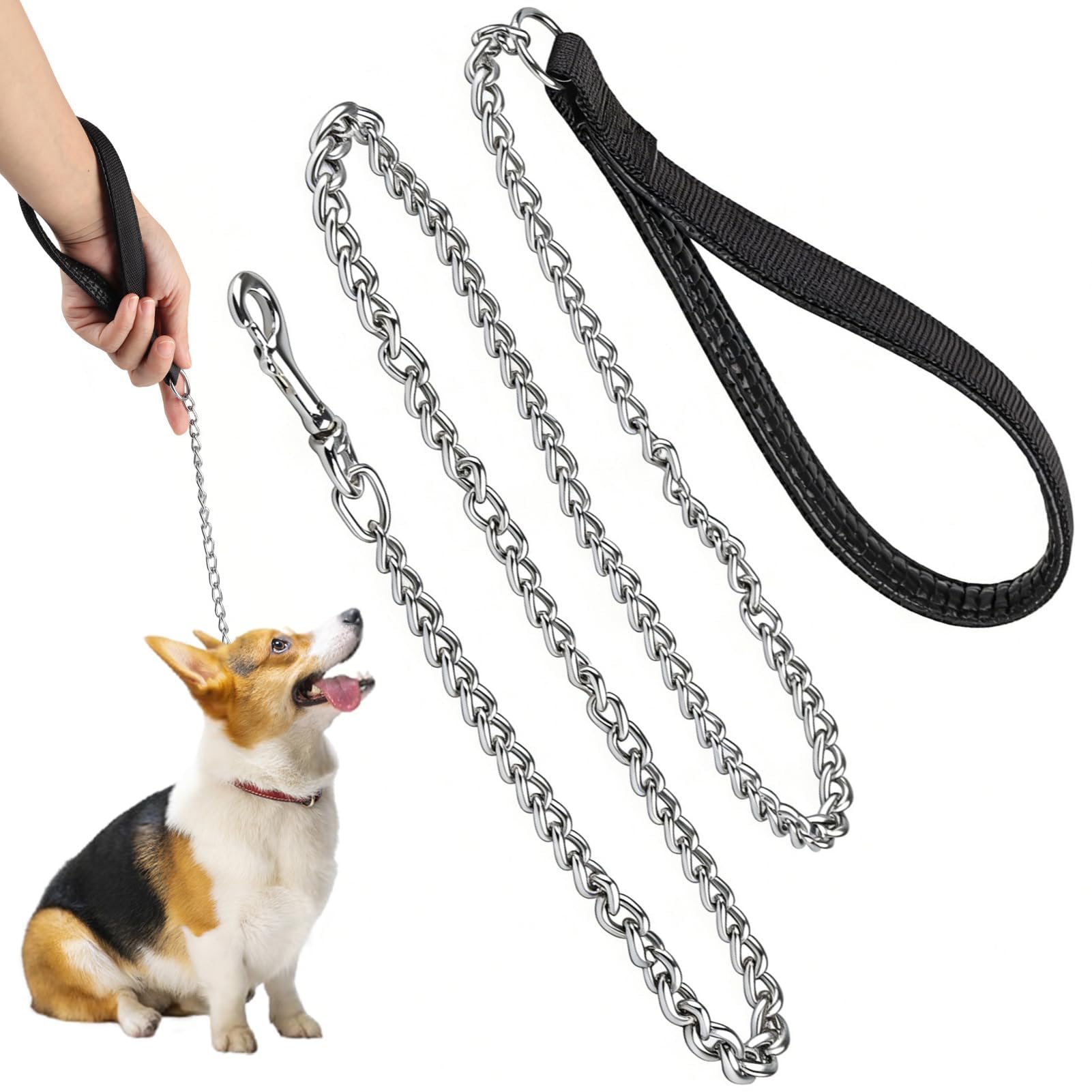 Chain Dog Lead 4FT/1.2M Heavy Duty Metal Dog Lead Chew Proof Pet Leash with Nylon Soft Padded Handle No Tangle Anti-Bite Training Leads for Small Medium Large Dogs Walking Control, Black (2MM)