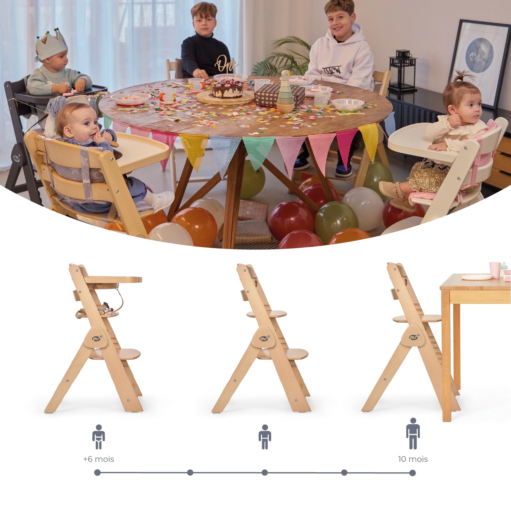 Ms BabyWorld Chaise haute pliable en bois pour enfants, entièrement pliable, évolutive, ergonomique, réglable, sûre (blanc/gris)