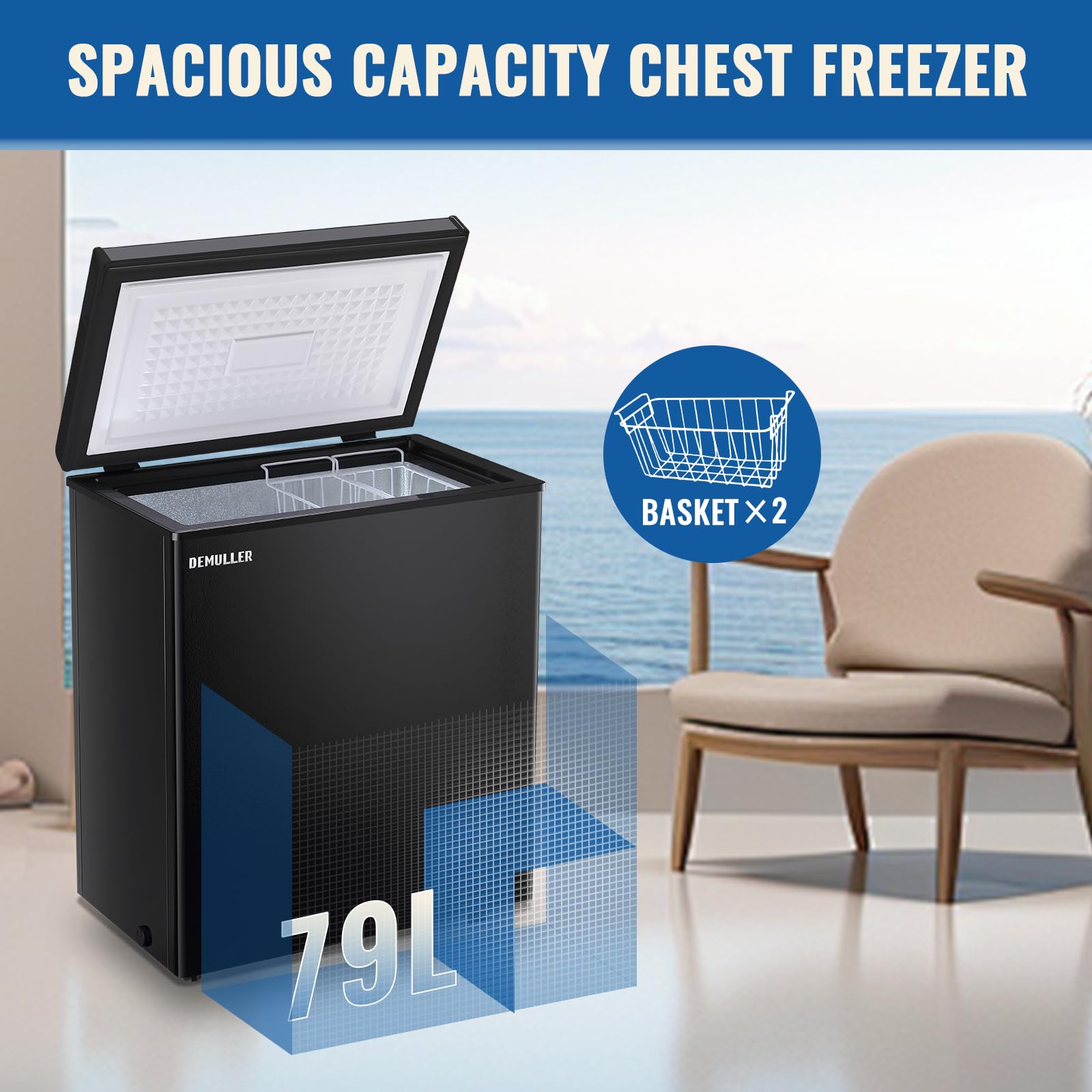 DEMULLER 79L Chest Freezer with Electronic Panel Mini Deep Freezers with Two Wire Baskets Compact Size & Low Noise & Rapid Cooling White on Fridge.com