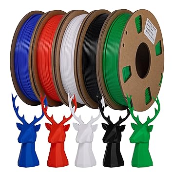 PLA 3D Printer Filament Bundle, TINMORRY PLA Filament 1.75mm, 250g x 5 Spools, Black+White+Blue+Red+Green, Net Weight 1.25kg