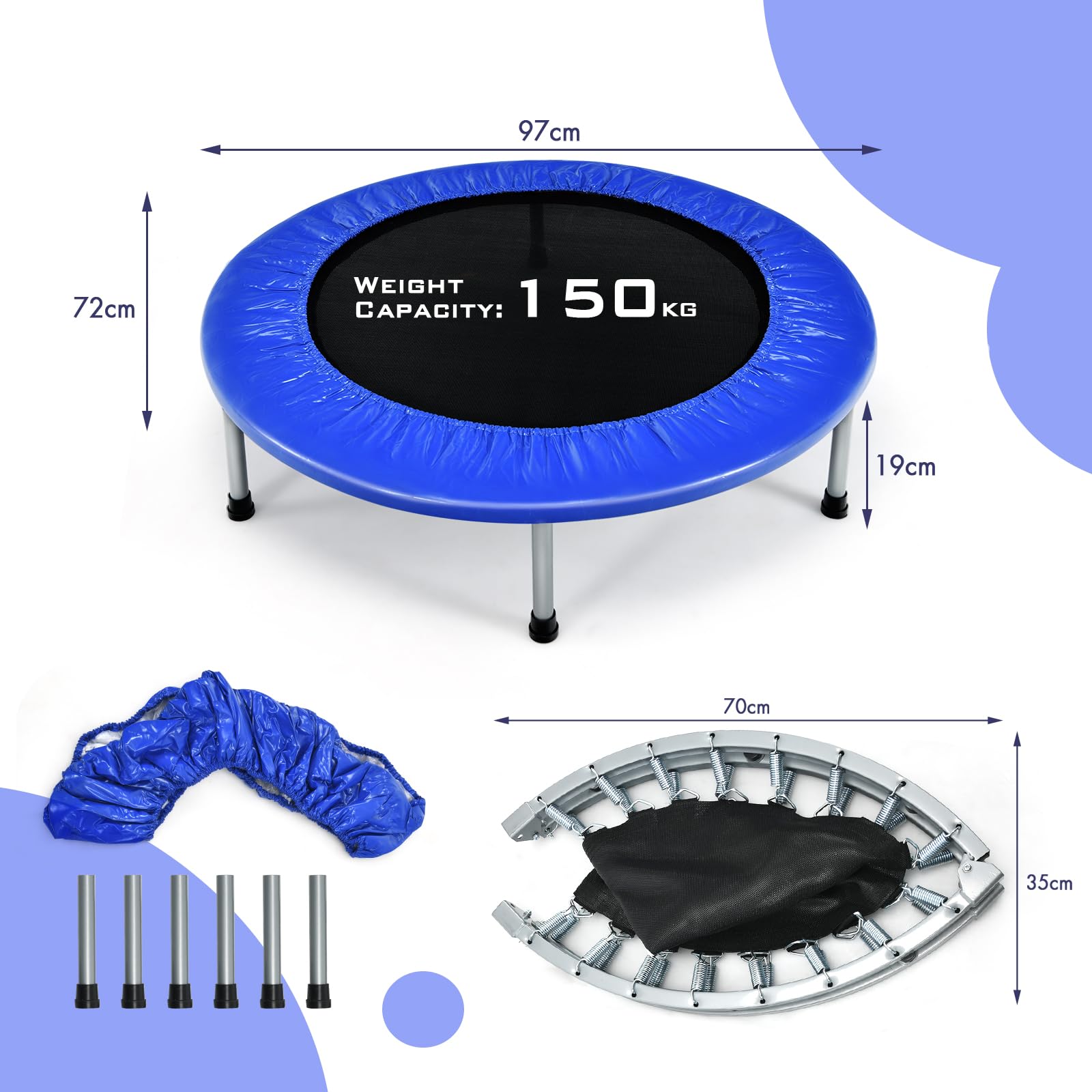 KOMFOTTEU Mini Trampolin Ø 96 cm, zusammenklappbares Fitnessbett, Kindertrampolin mit rutschfesten Füßen, Trampoline für Kinder 150 kg belastbar