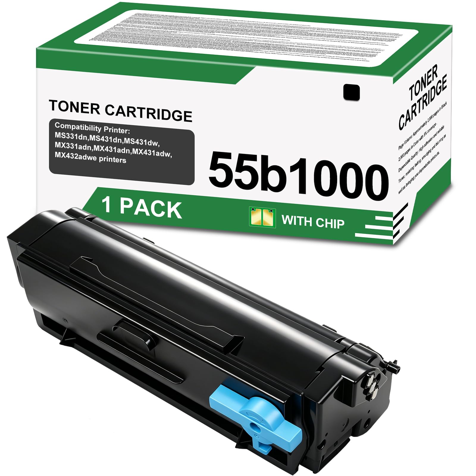 55B1000 Black Toner Cartridge(with Chip) Compatible with Lexmark | 55B1000 55B1H00 Toner Cartridge for MS331dn MS431dn MS431dw MX331adn MX431adn MX432adwe MX431adw Laser Printer( 3500 Pages)