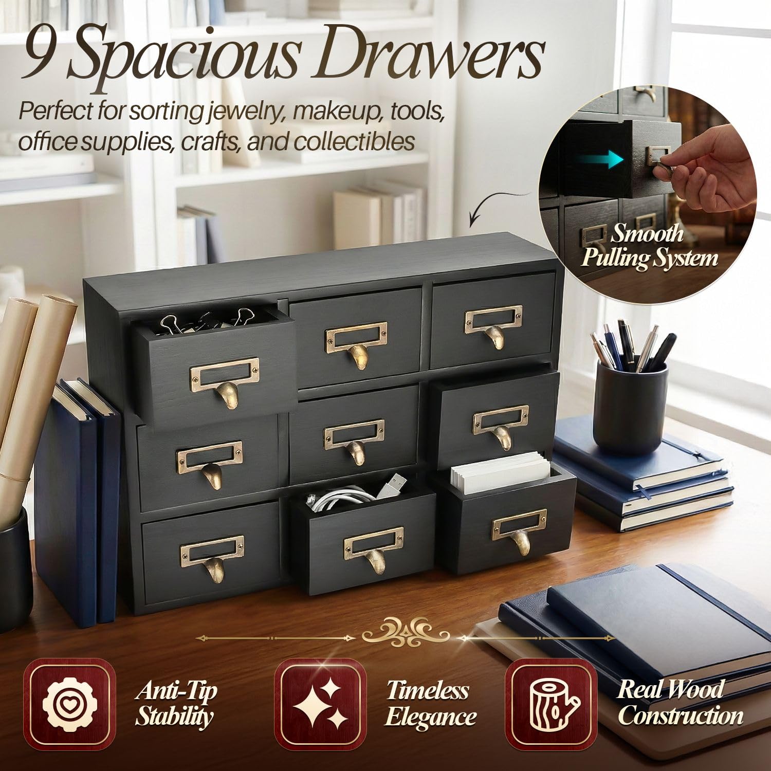 Flexzion Apothekerschrank mit Schubladen - 9 Vintage-Apotheker-Schubladen Desktop-Organizer für Zuhause & Büro