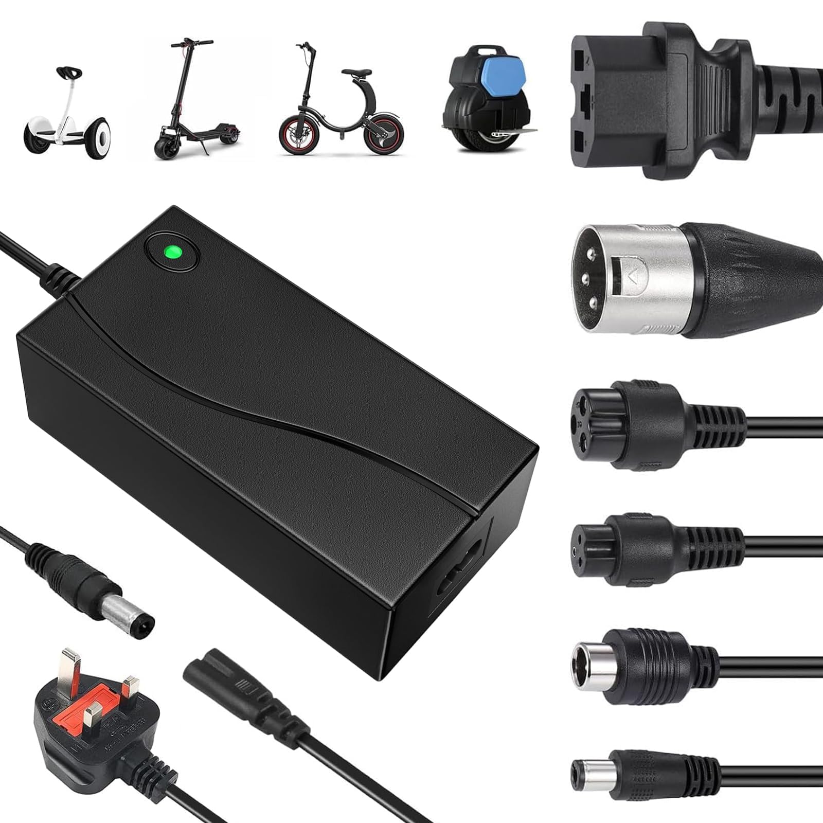 MVCUASF 42V 2A Electric Scooter Charger 6 in 1 Hoverboard Charger Compatible with Balance Scooter, Hoverboard UK 3 Pin Electric Bike Chargers for 36V Li-ion Batteries