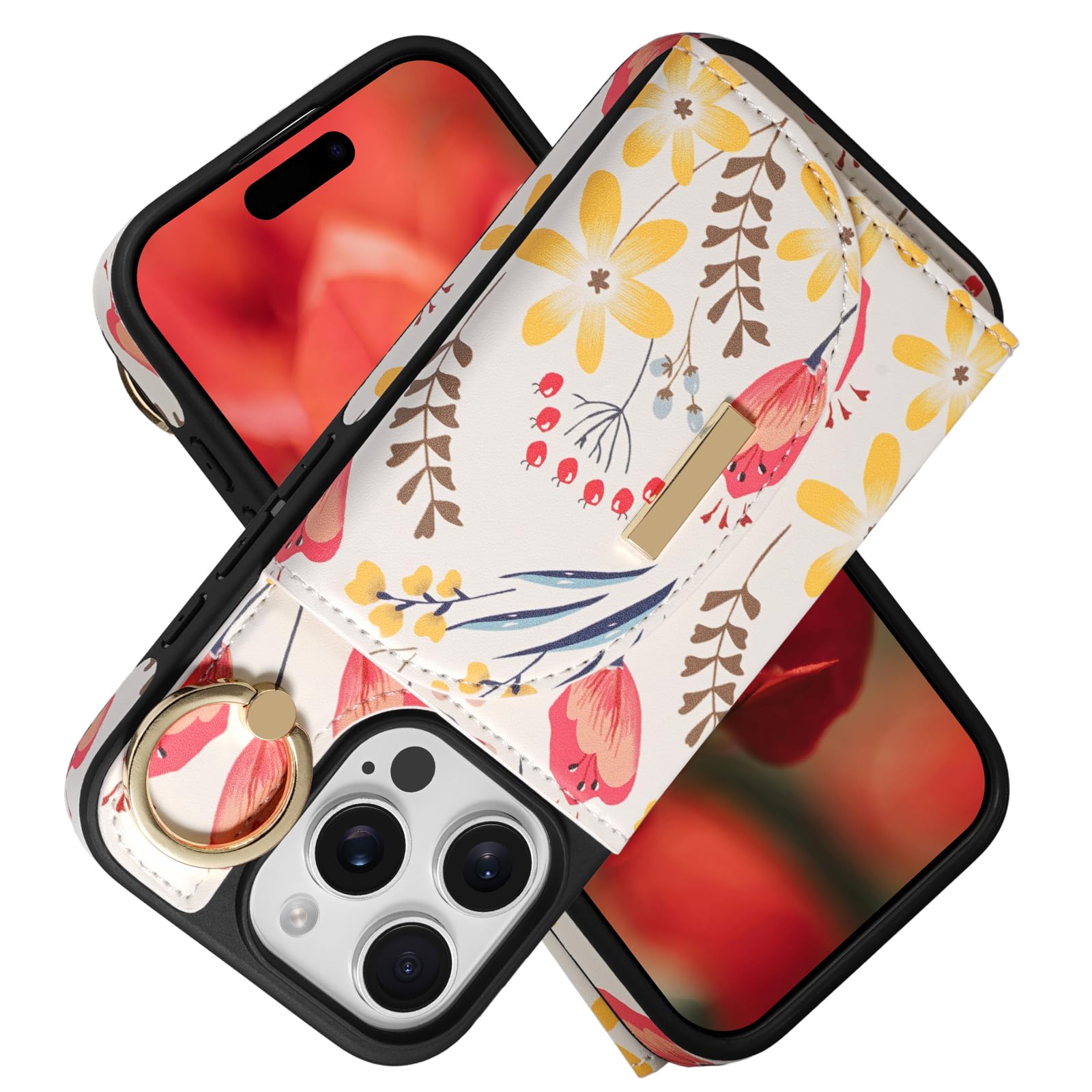 Keallce Wallet Case for iPhone 16 Pro Max 6.9'', Flip Case with Card Slots, Ring Holder Kickstand, PU Leather Protective Folio Cover for Women, Floral