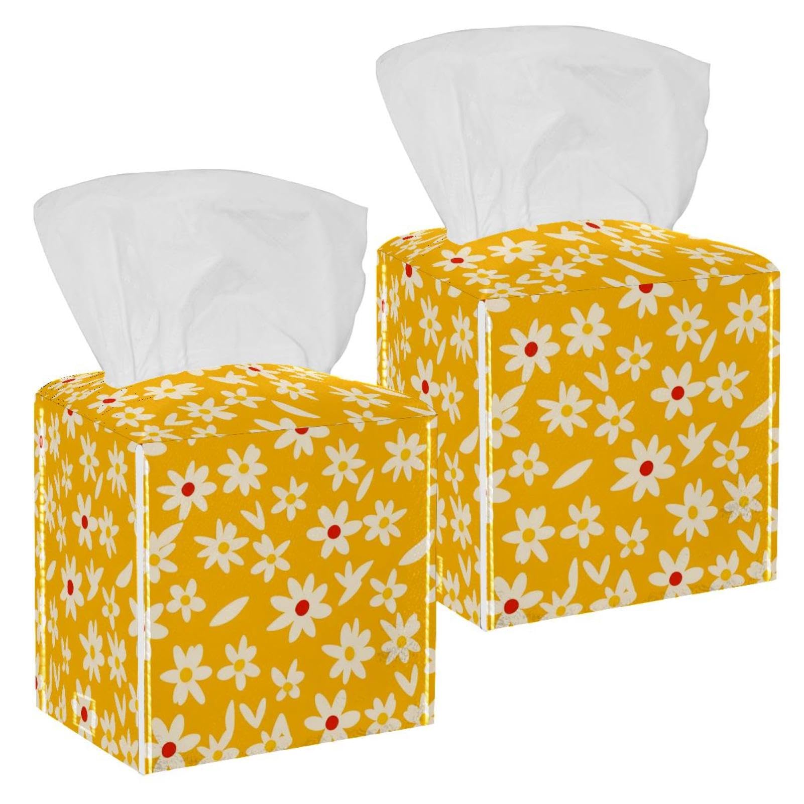 Flowers Tissue Box Cover, 2 Pack PU Leather Square Facial Tissue Dispenser Box holder for Home Office Car