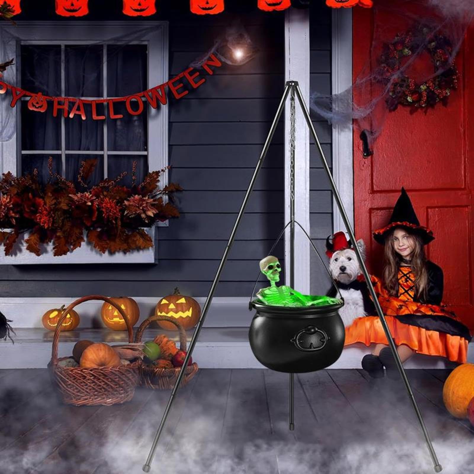 Duży kocioł na Halloween, straszne dekoracje na Halloween, w zestawie