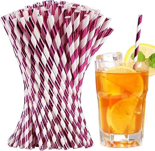 Pajitas metálicas de papel a rayas de oro rosa, paquete de 100 popotes biodegradables para beber, San Valentín, vacaciones, fiestas (0.24 x 8.27