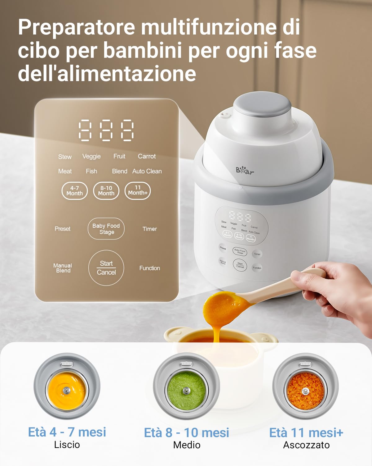 Bear Produttore per alimenti NutriEase AllStage, in acciaio inox, OneStep Baby Food Maker per porridge per bambini, cottura automatica e triturazione per alimenti sani fatti in casa, senza BPA