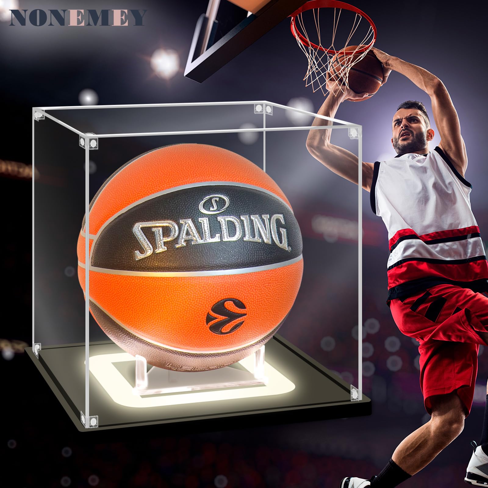 Nonemey Basketball Display Case with Colorful Light,Acrylic Basketball Box Full Size with Base - Image 3