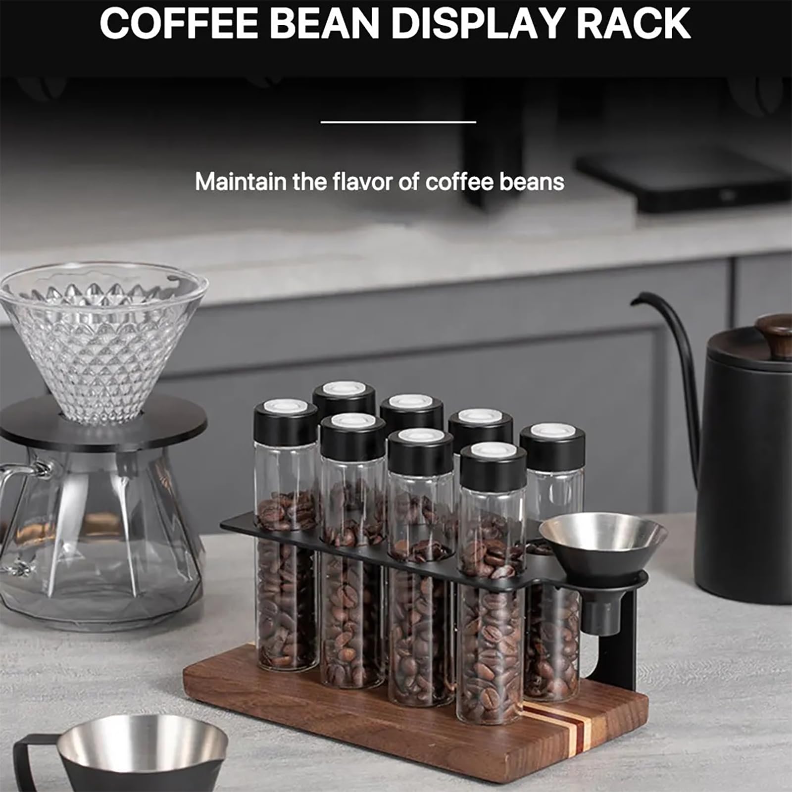 NEWFUN Lote de 8 tubos de granos de café, Recipiente Para Café en Grano con Estante de Madera y Embudo, para Guardar Café en Grano Monodosis, 22 G