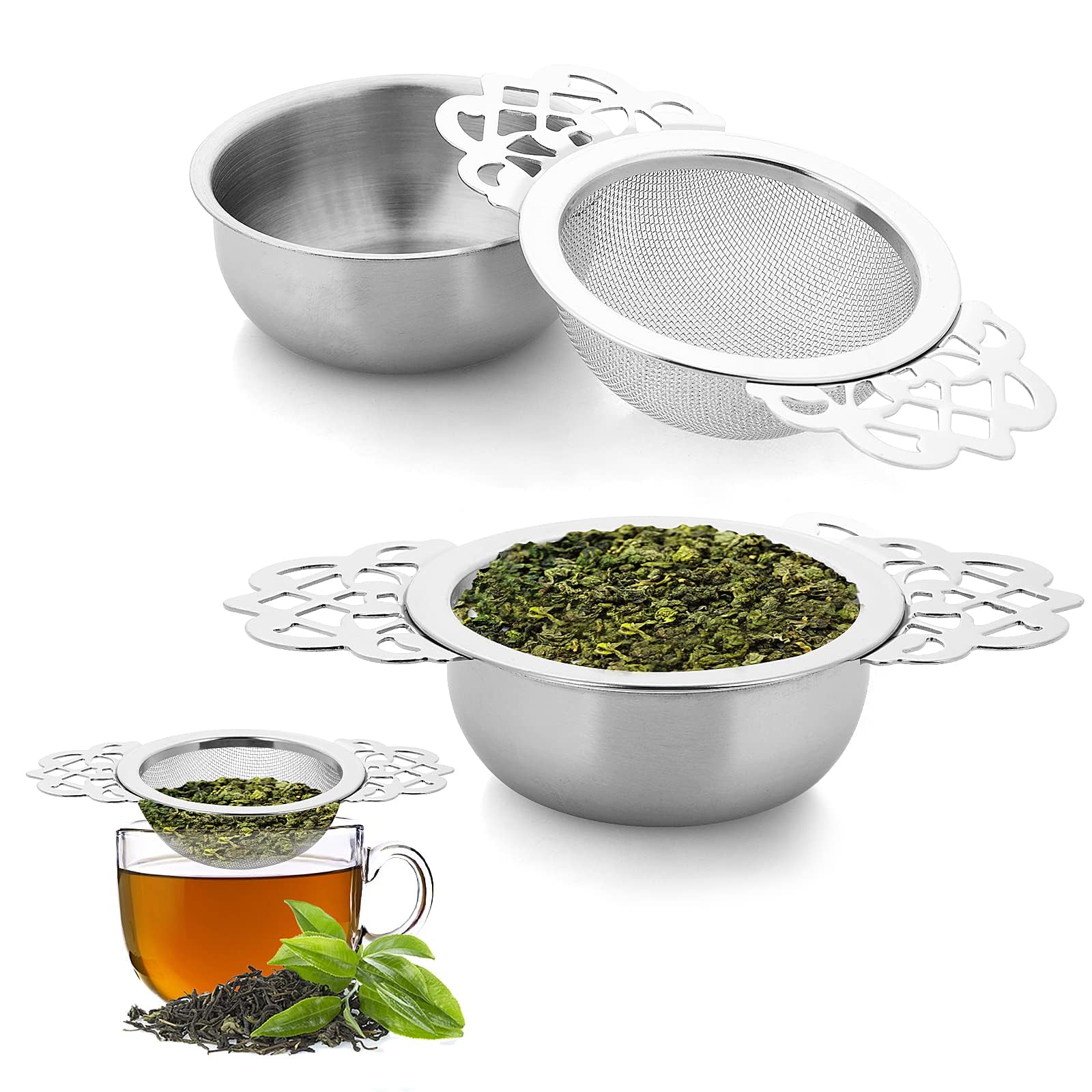 Tea Strainers, 2 Pack Small Fine Mesh with Bowl Stainless Steel Loose Tea Infusers Strainers 7 cm Diameter Tea Filter with Double Wing Extender Ideal for Loose Tea Juice Coffee Filter