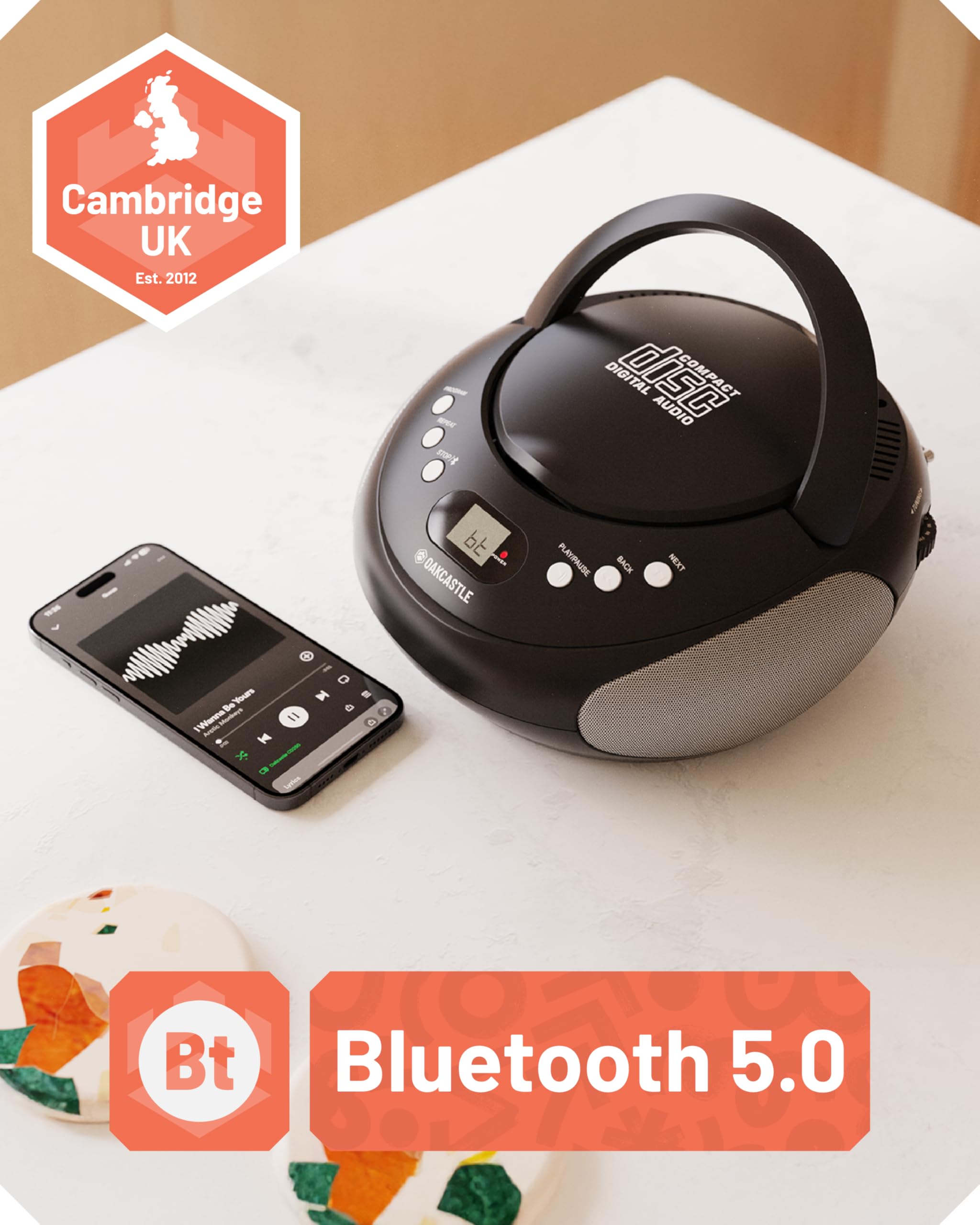 Boombox CD Bluetooth Portable avec Radio FM | CD, CD-R, CD-RW | 30 présélections | Commandes faciles, écran LED, Prise Casque | OAKCASTLE CD250 (Noir)