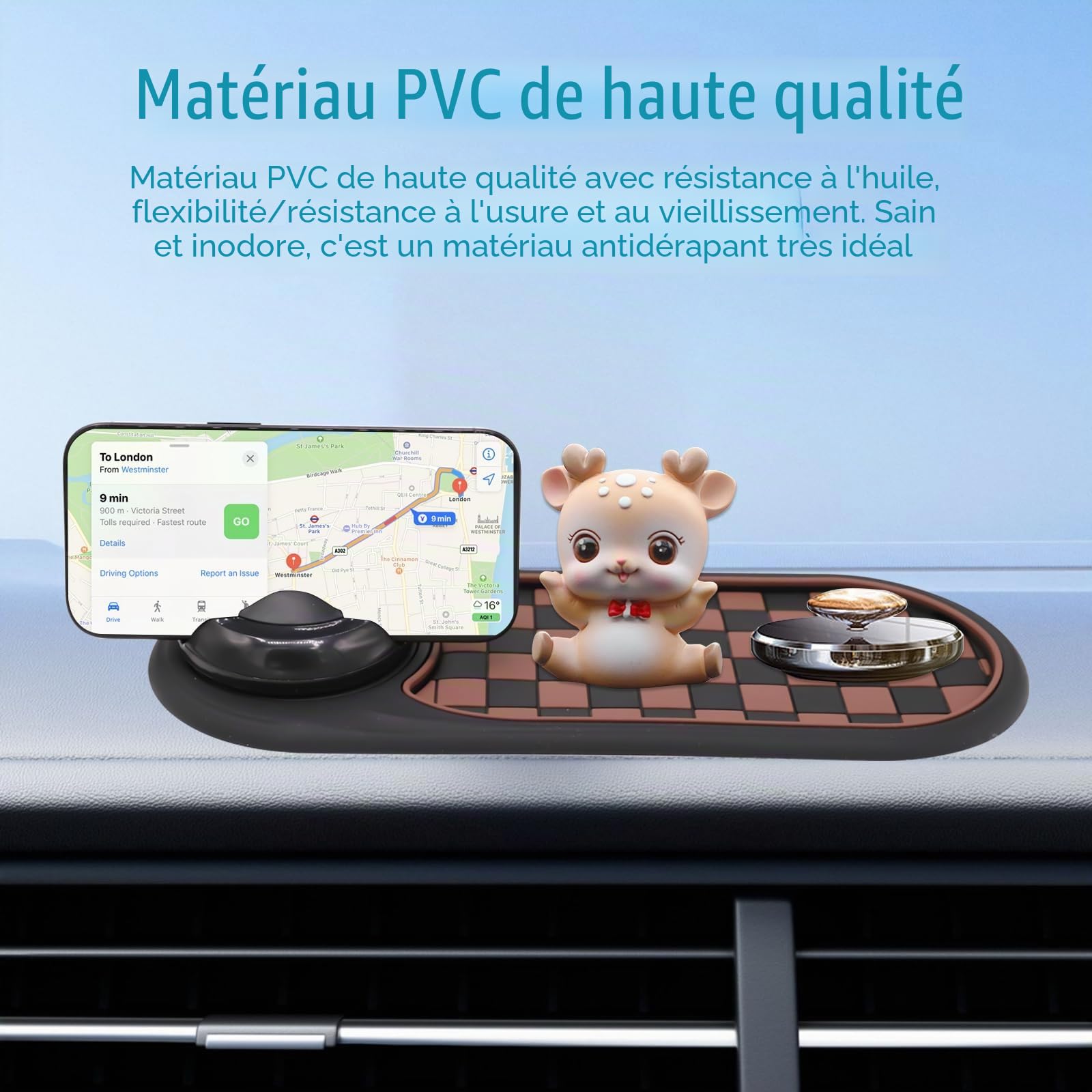 Tapis de tableau de bord antidérapant universel avec support de téléphone 2 en 1 – Tapis antidérapant pour clés et friandises | Poignée rotative à 360° + Parcomètre intégré