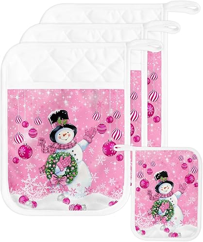 Snowman Pink 3Pcs Pot Holders for Kitchen, Non Slip & Heat Insulation Terry Cloth Potholder Set with Pocket, Thick Hot Pad Oven Mitts Trivet Coaster