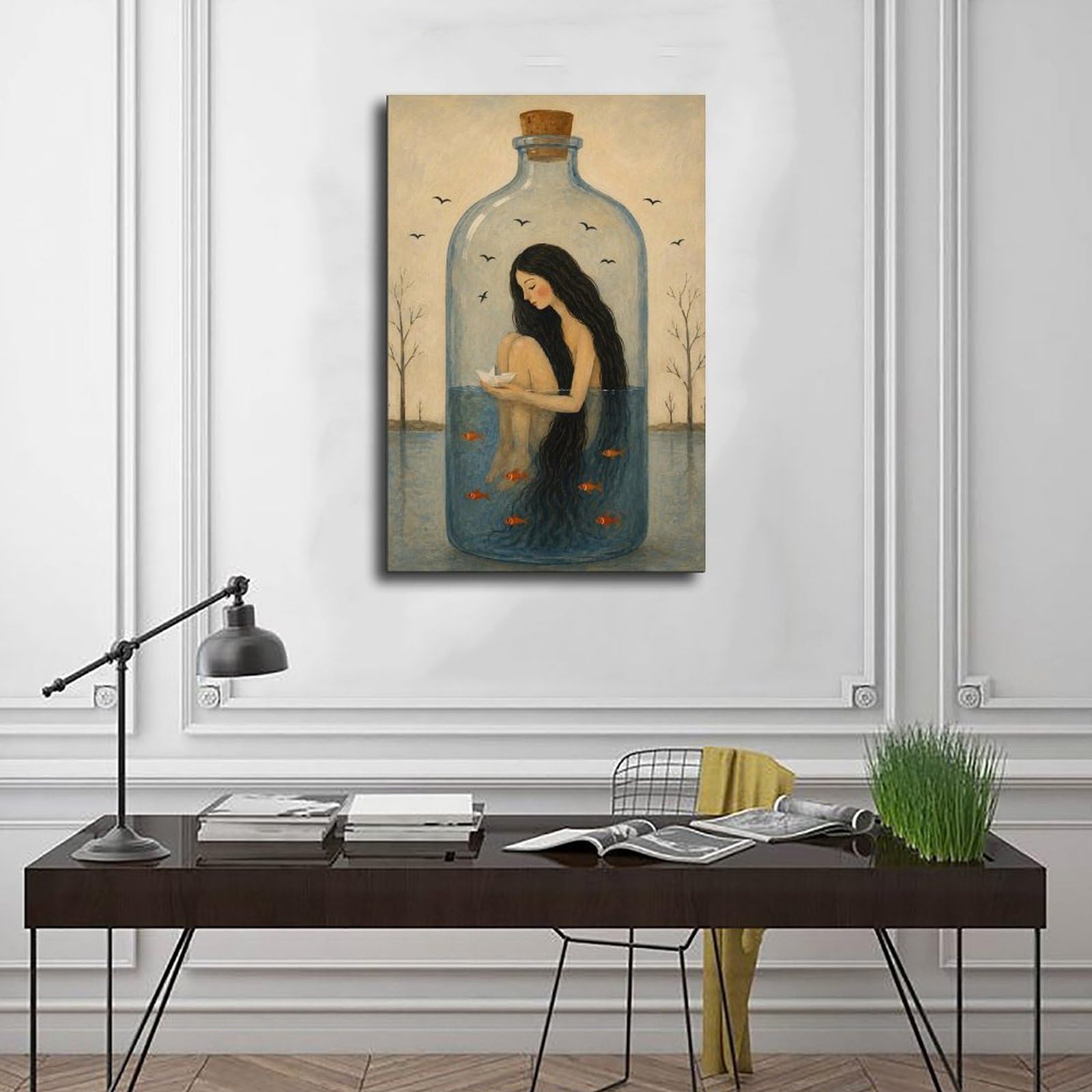 WRTYVE Poster su tela con donna surreale in bottiglia di vetro, per soggiorno, decorazione regalo