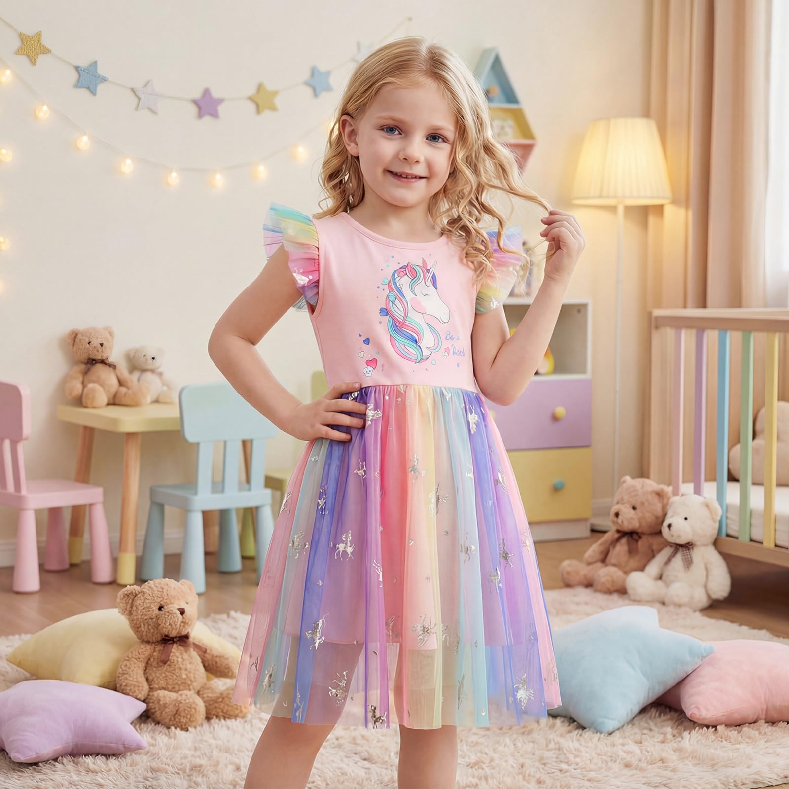 DivingBirds Vestito da ragazza con unicorno, con volant, a maniche corte, in cotone, estivo, per bambini, da 3 a 8 anni