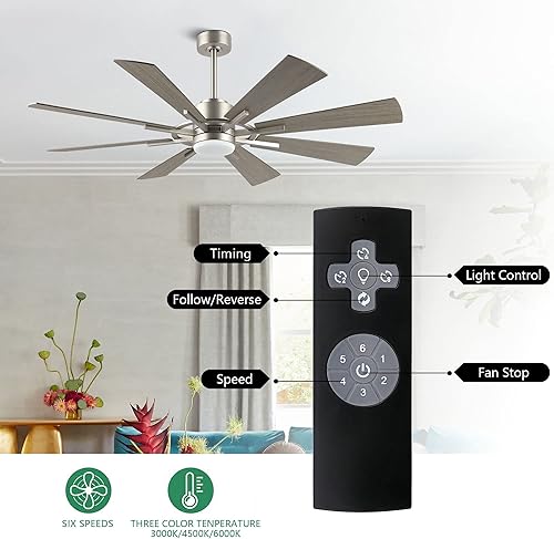 Miniatura 3 de WINGBO Ventilador de techo CC de 60 pulgadas con luces y control remoto ventilador de techo de níquel cepillado 8 cuchillas de madera contrachapada