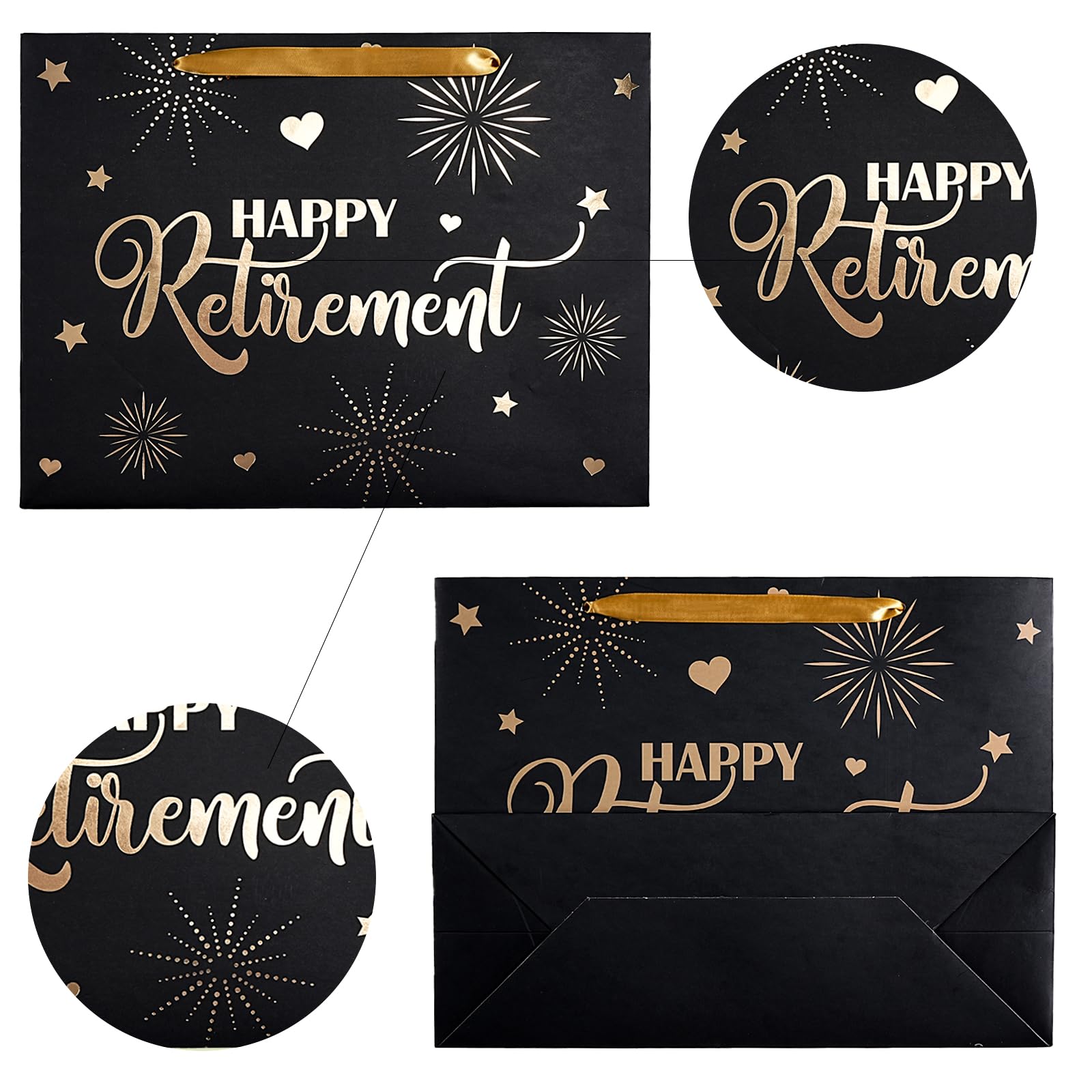 LeZakaa Happy Retirement Gift Bag, Black Goil Foil Hearts Stars Fireworks Design with Tissue Paper and Greeting Card for Men Women, 13" x 10" x 5", 1 Pcs