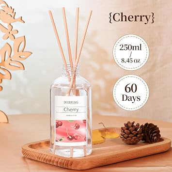 Cherry Diffuser with 10 Fiber Sticks, 6.7 oz Diffusers for Home Essentials Bathroom,Last up to 60 Days(200ml