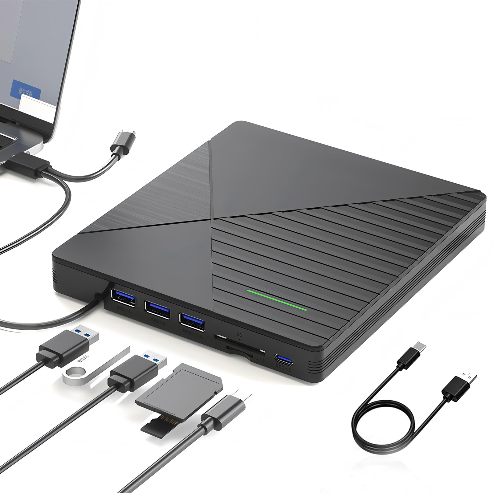 External CD DVD Drive for Laptop Mac with 3 USB Ports and 2 TF/SD Card Slots,USB 3.0 & USB-C CD DVD Optical Disc Reader Burner Player for MacBook Pro