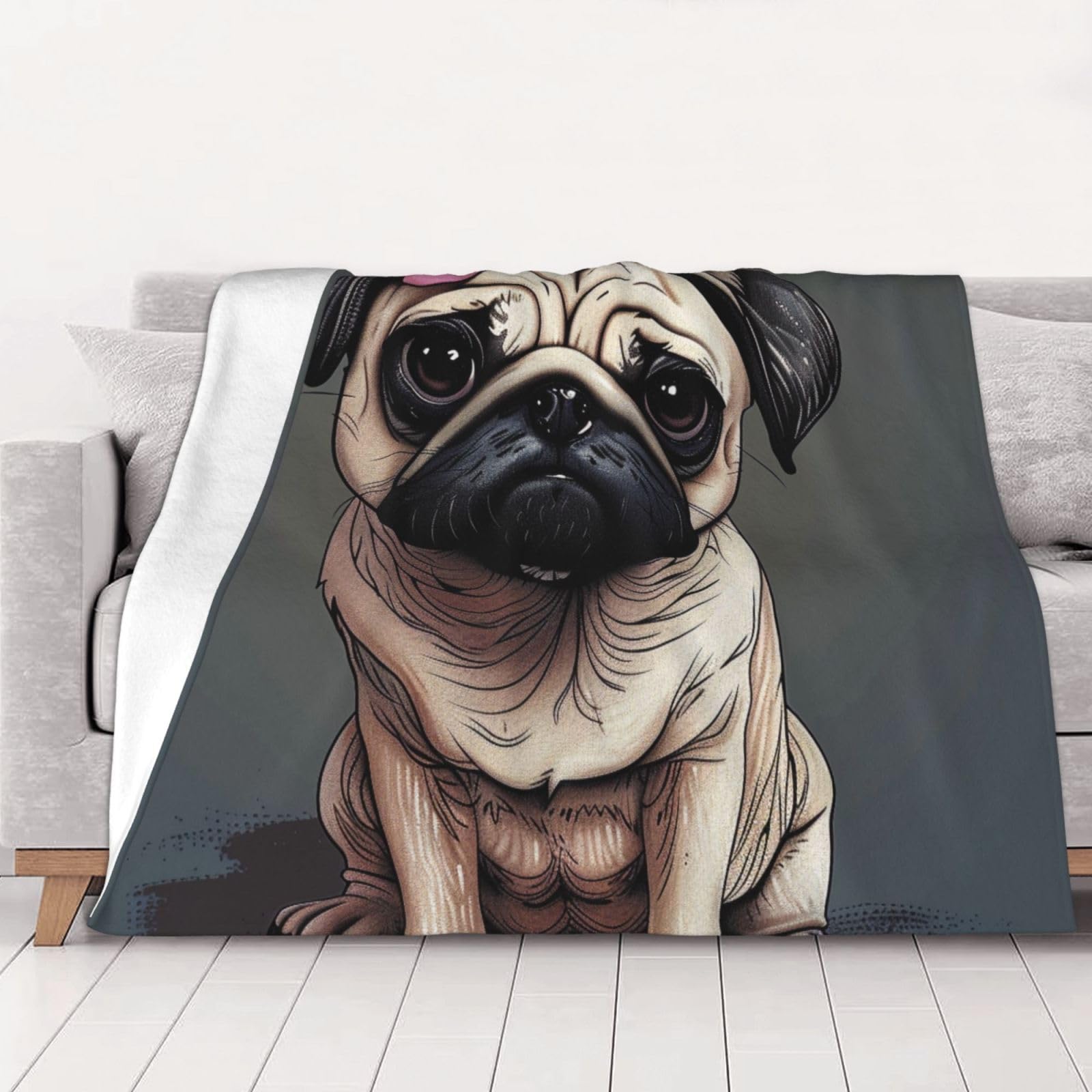 Plaid flanelle chien carlin couverture chaude 200x150cm pour adulte