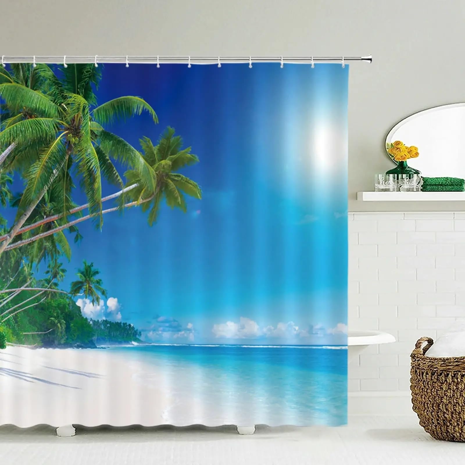 Rideau de douche bord de mer en polyester imperméable avec crochets 137x182cm