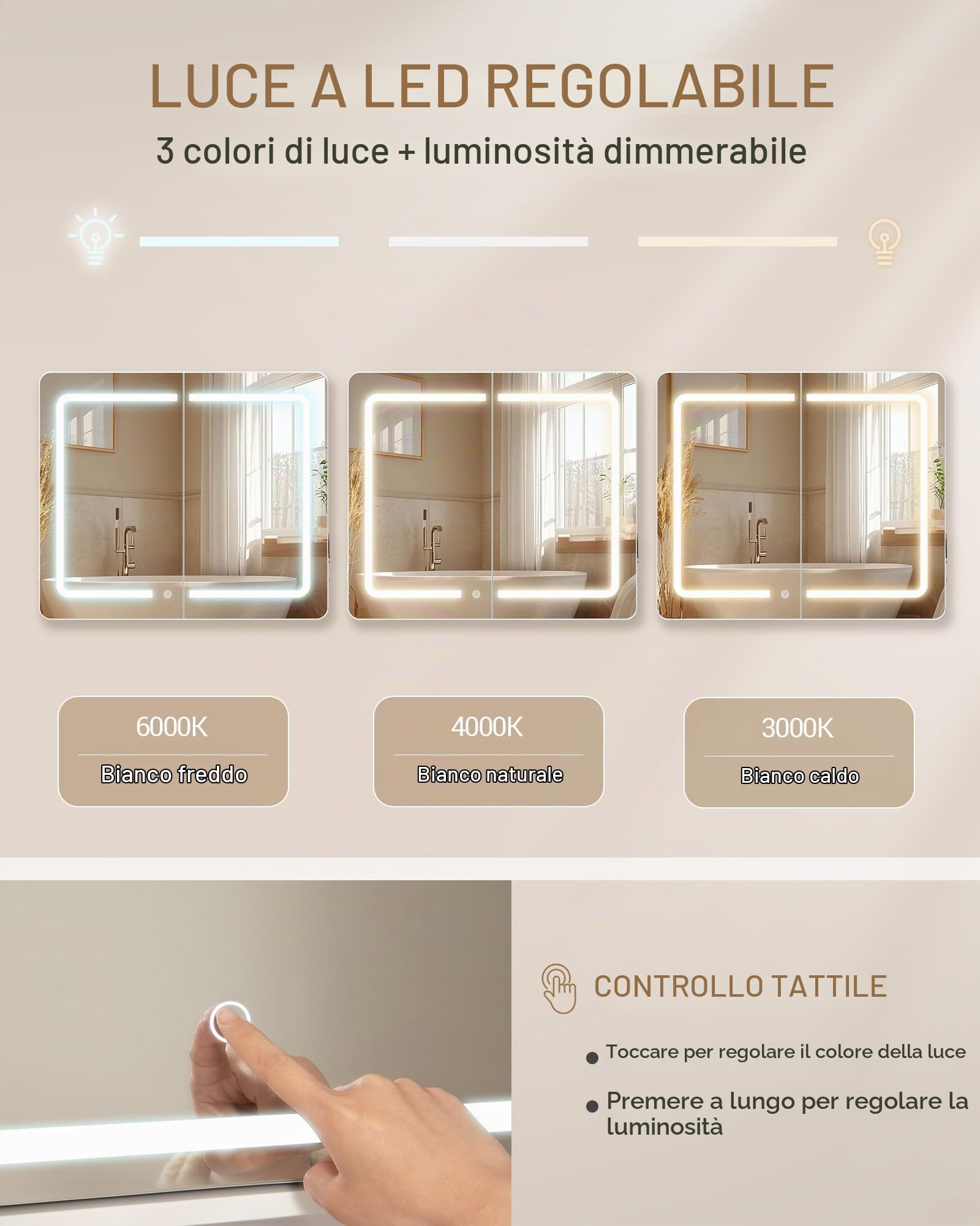 Hzuaneri Specchio Bagno Contenitore, due ante, 16,5 x 70 x 60 cm, Bianco | Mobile Bagno con Illuminazione a LED, 3 Temperature Colore Dimmerabili, Ripiano Regolabile, MC30203XEU