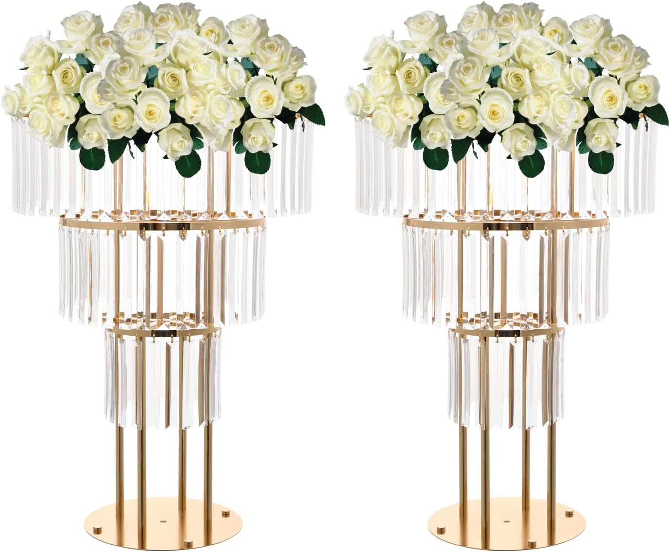 2 Pcs Crystal Flower Stand, 3 Tier Acrylic Gold Vases for Centerpieces, 28.34 Inches Metal Crystal Centerpiece Stand for Wedding, Birthday Party, Celebration, Home Decoration(Round Base)