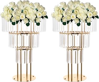 2Pcs Gold Wedding Flower Vases, Metal Flower Stand with Hanging Crystals & Round Pedestal, Modern Crystal Flower Holder for Wedding Road Lead T Stage Decoration (3 Tier)
