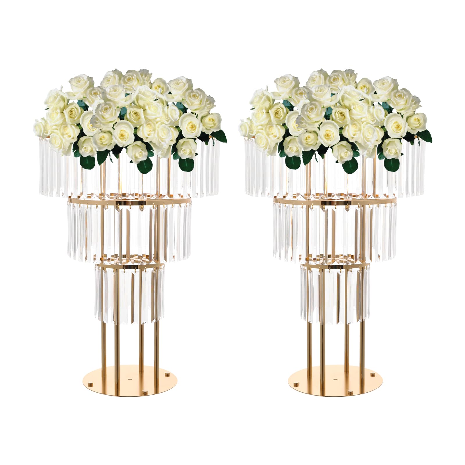 2Pcs 28.34in Metal Flower Stands, 3-Tier Round Pedestal Stand, Gold Crystal Vases for Centerpieces Wedding Reception Birthday Party Home Decor
