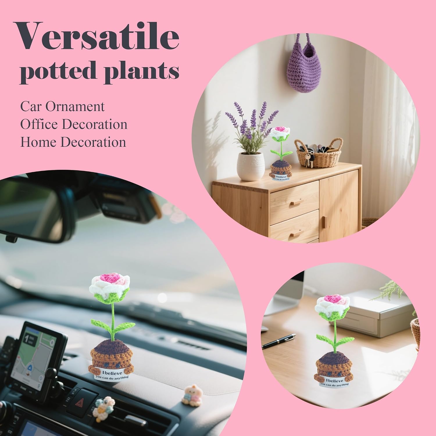 Handmade Crochet Gradient Pink Rose Potted Plant - Crochet Flower with Hands Holding I Believe You Can Do Anything Card - Encouragement Gift & Healing Decor (4" H)