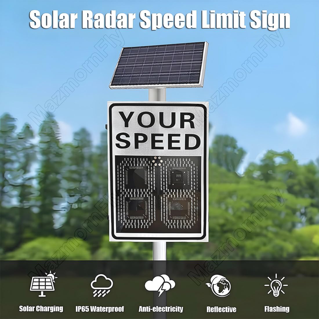 50x70cm/60x90cm Señal Trafico Radar Control Velocidad, Energía Solar LED Intermitente Cartel Control Velocidad Indicador De Velocidad, Kilometraje/Millas Ajustables 20''X27''