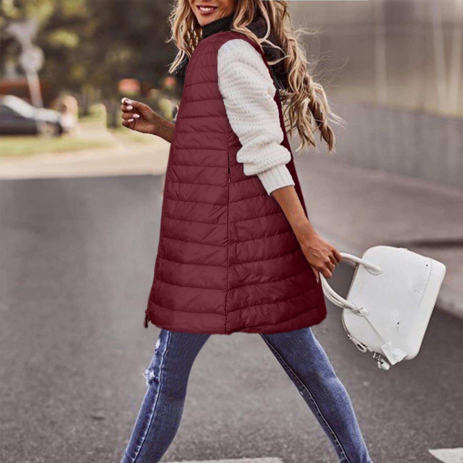 Generisch Piumino da donna, taglie forti, lungo, invernale, sottile, leggero, con tasche (rosso, XL)