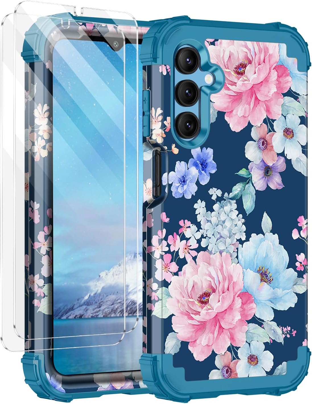 RancaseRancase for Galaxy A15 5G Case,Three Layer Heavy Duty Shockproof Protective Case with 2 Tempered Glass Screen Protector for Samsung Galaxy A15 5G 6.5 inch,Navy Blue