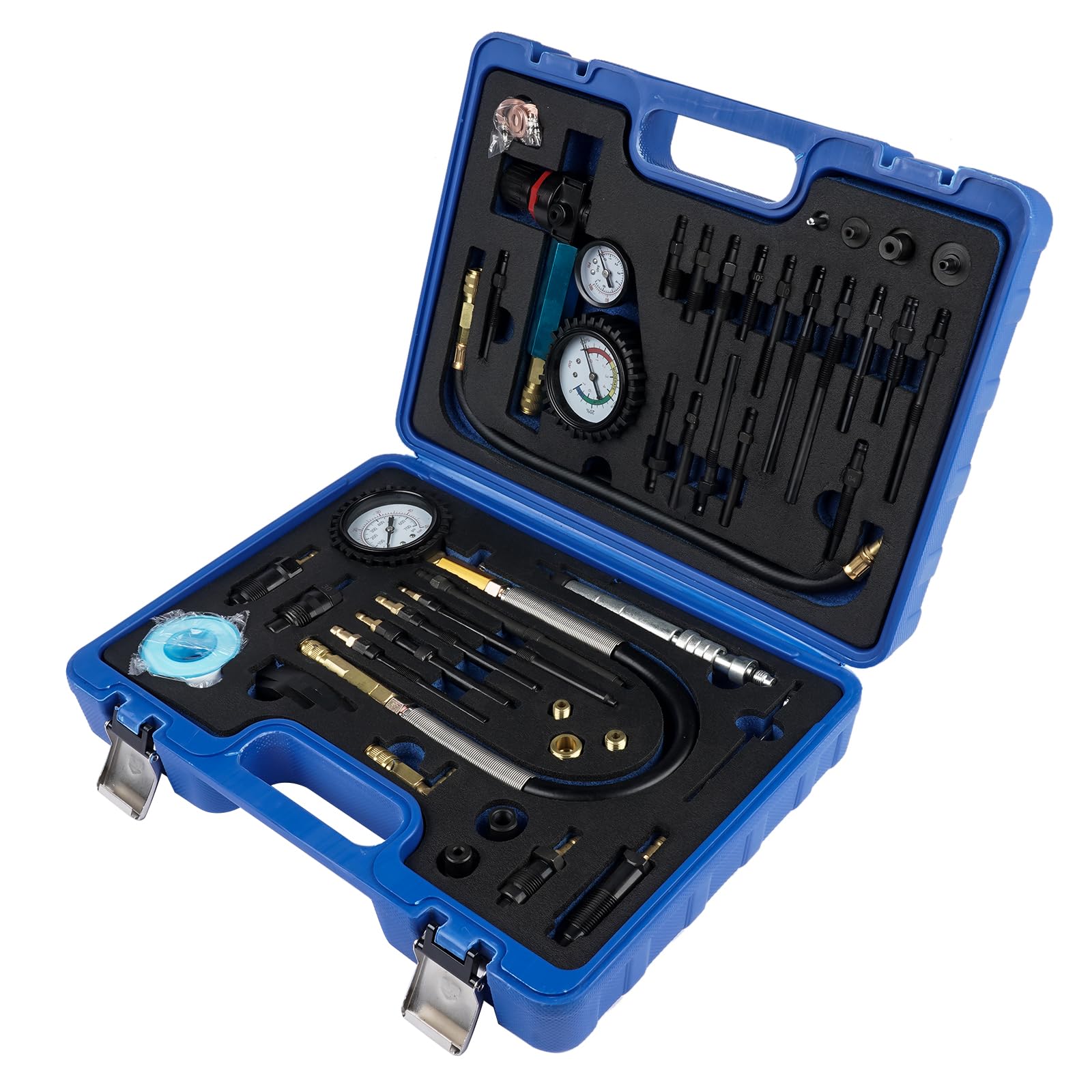 Probador de Compresión Probador de Pérdida de Presión para Motores de Gasolina y Diesel Motores de Autos y Camiones, con 34 Adaptadores Diferentes, 725 PSI - Estuche Exterior Azul