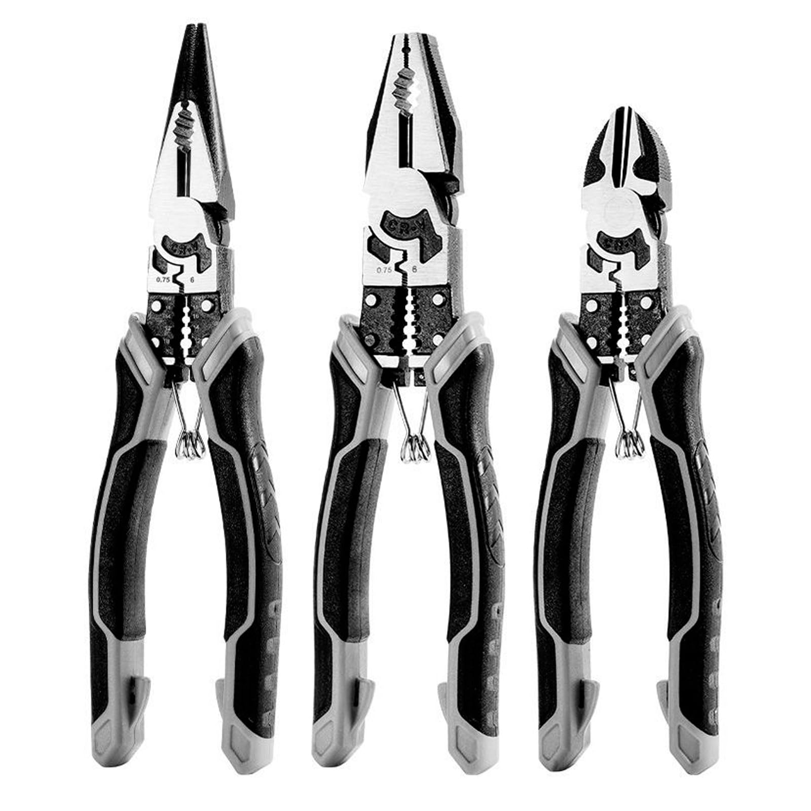 Juego de 3 alicates, alicates de punta fina de 220 mm, cortador lateral de 190 mm, alicates combinados de 210 mm con cerradura de seguridad con pelacables y crimpadora de alambre para trabajos