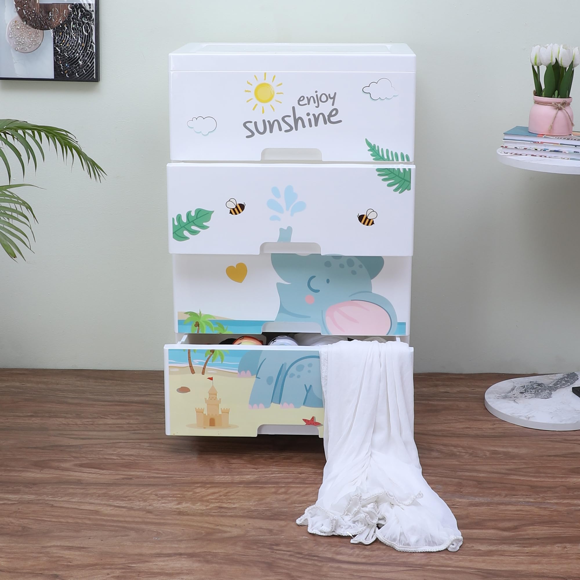 The Tickle Toe Plastic Chest of 4 Drawers for Kids | Multipurpose Organizer for Boys in Blue Theme with Elephant Print | Glossy Dresser | L51xW33xH82 cm | White & Blue