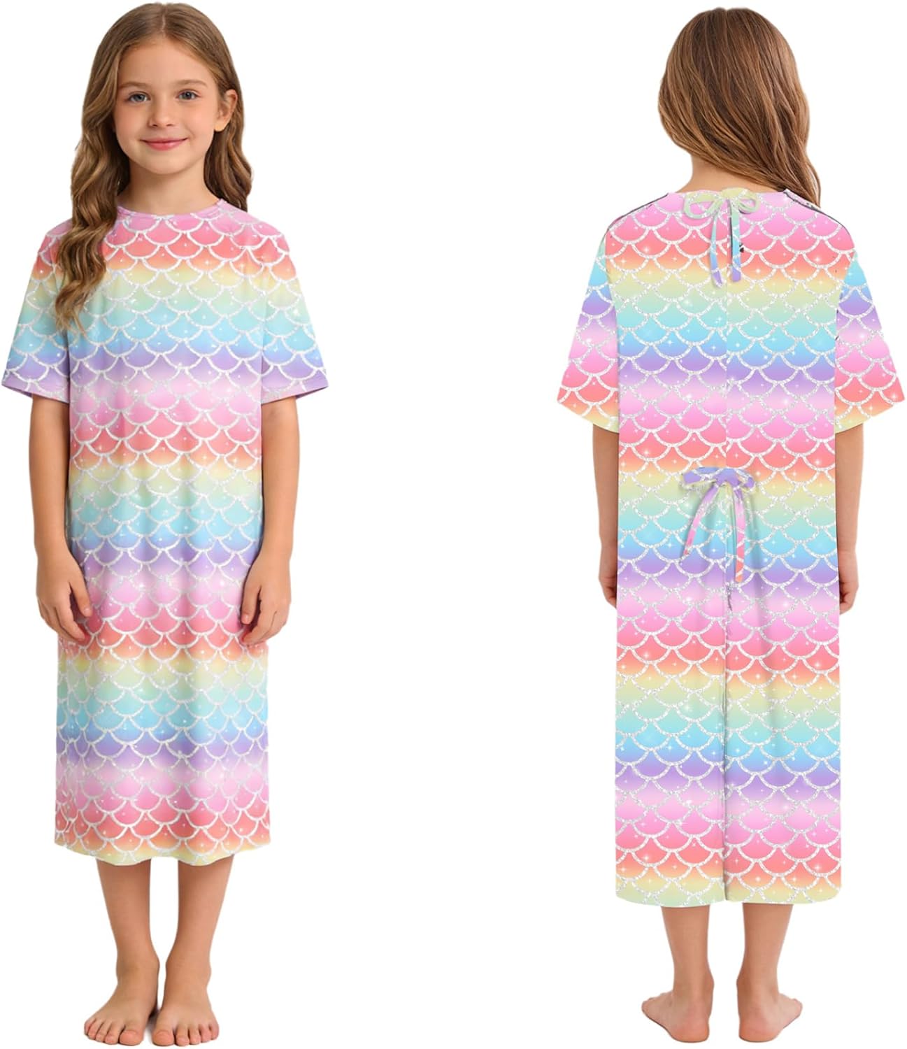 JEYPINMI Tear Away Surgery Dress for Girls Back Split Self-Tie Hospital Robe Cute Printed Patient Gowns Adaptive Clothes Pink 14 Years