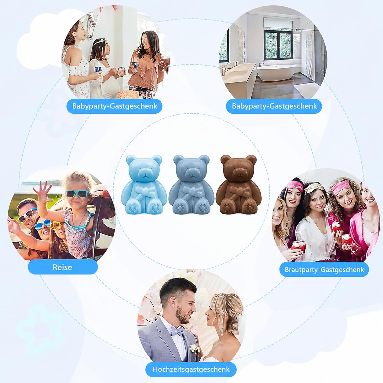 36 Stück Bären Seife Babyparty Gastgeschenke, Mini Baby Shower Bärenseife mit Geschenkbox Dankeskarten, Kleine Duftend Seife für Jungen Mädchen Gender Reveal Taufe Gäste Mitgebsel, Blau & Braun