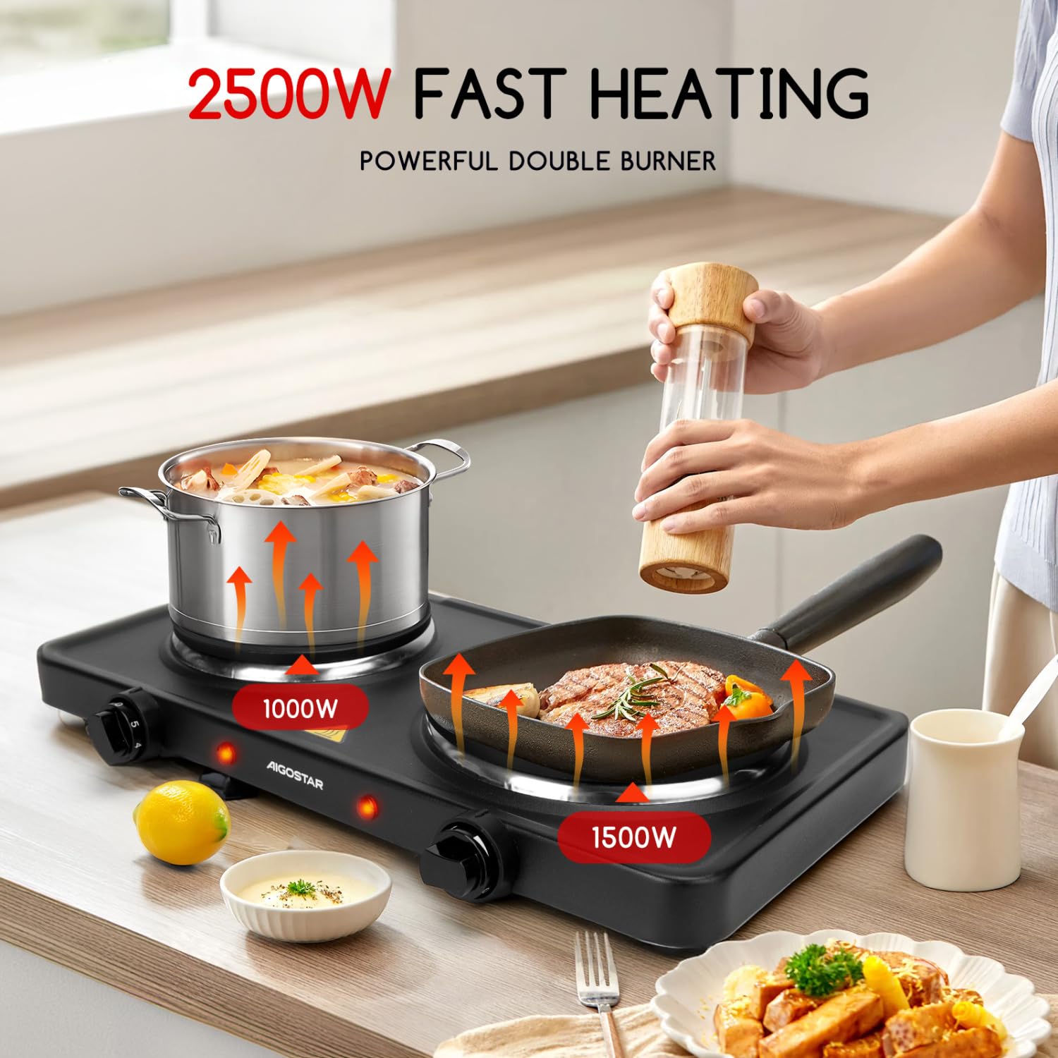 Aigostar Hornillo Electrico de 2500W, Cocina Electrica Portatil, con 2 Quemadores de 185mm y 155mm de Diámetro, Termostato Ajustable de 5 Niveles, Almohadilla Antideslizante, Adecuada Para Acampar