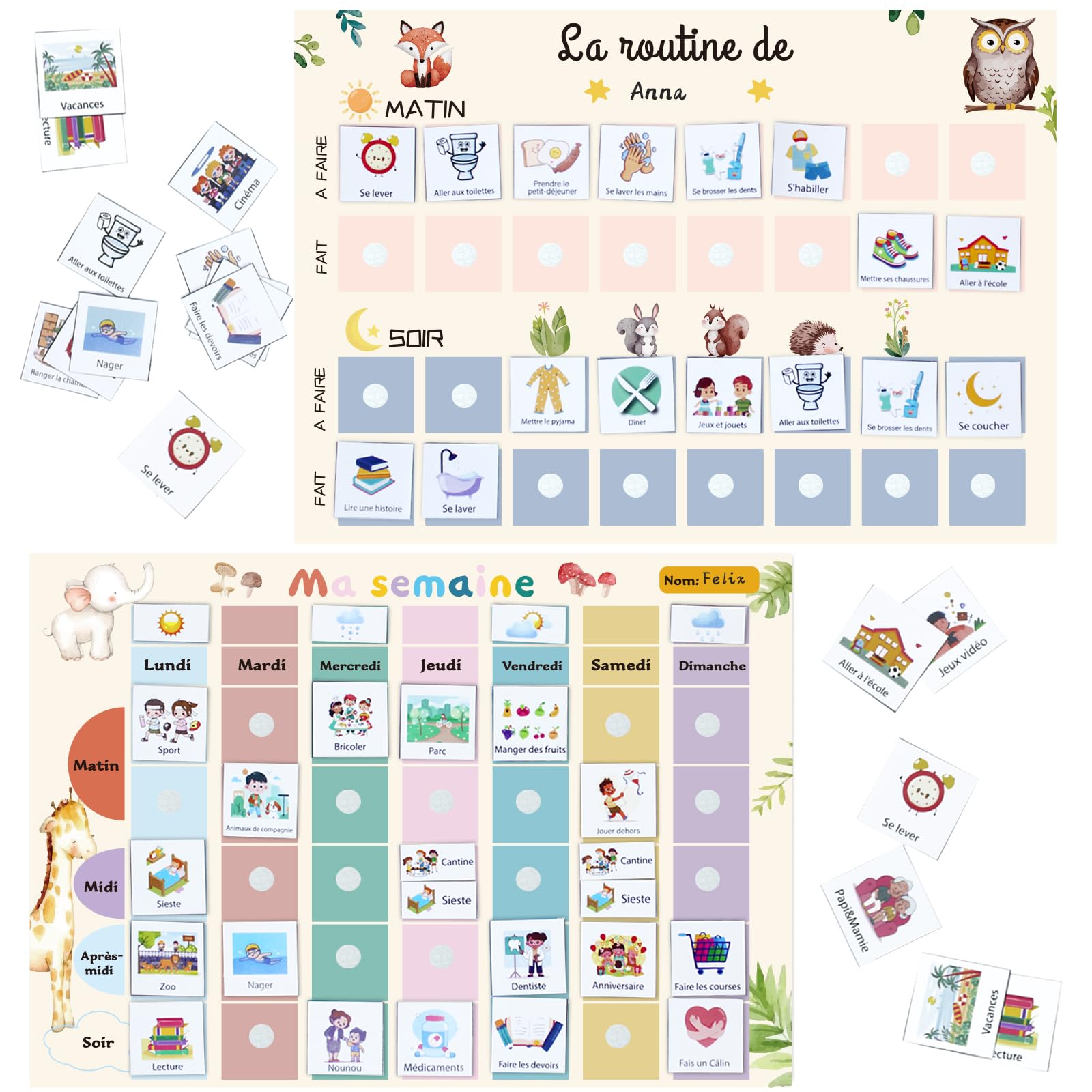 Planning Semaine Enfants 2pcs Tableau Routine Quotidienne 118pcs Français