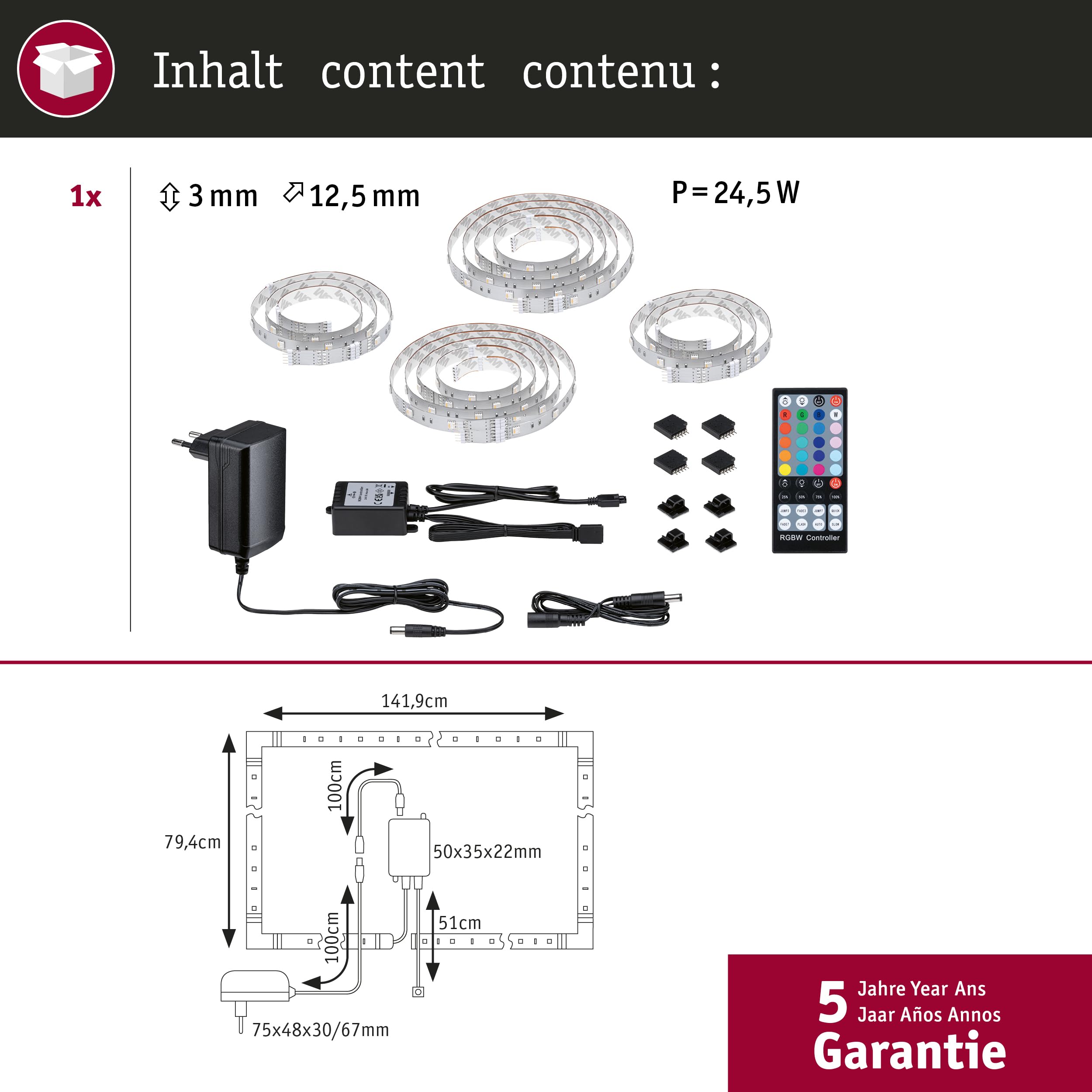 Paulmann 78876 MaxLED 250 Strip LED TV Comfort set di base 65 pollici 4,3m 22W 234lm/m 28LEDs/m RGBW+ 24VA dimmerabile