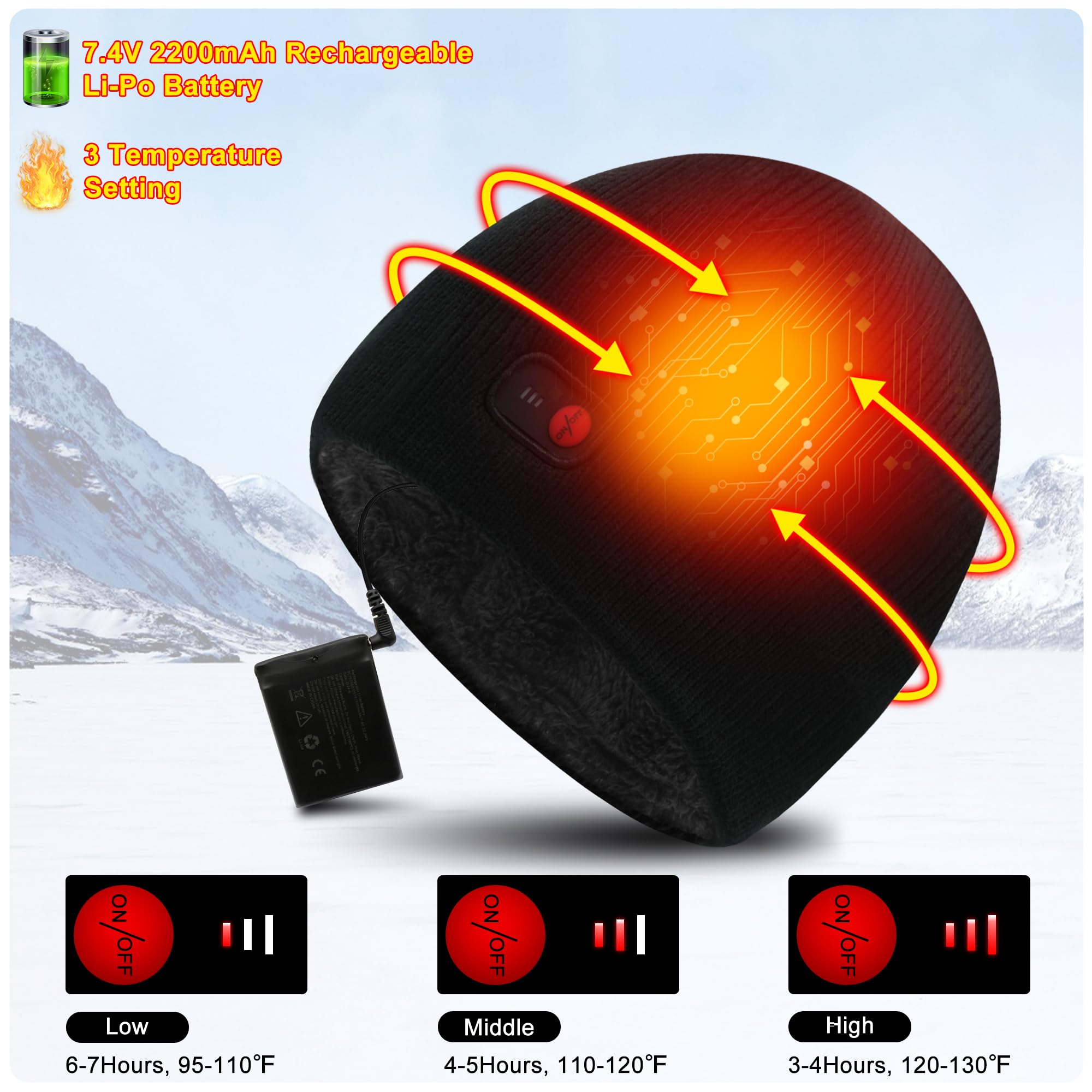 Svpro Gorro térmico con batería recargable de 7,4 V de iones de litio que dura hasta 3-7 horas., Rayas de aguja negras, L