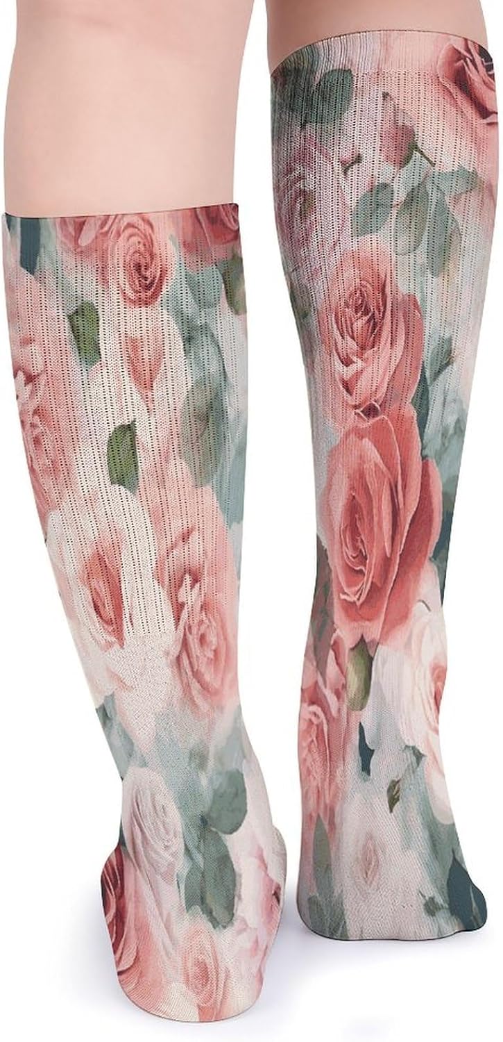 Soft Color Pale Faded Mix of Roses Crew Socks Cozy Casual Calf Socks Lightweight Long Work Sock Breathable Athletic Sock for Hiking Sports Running 5 Pairs