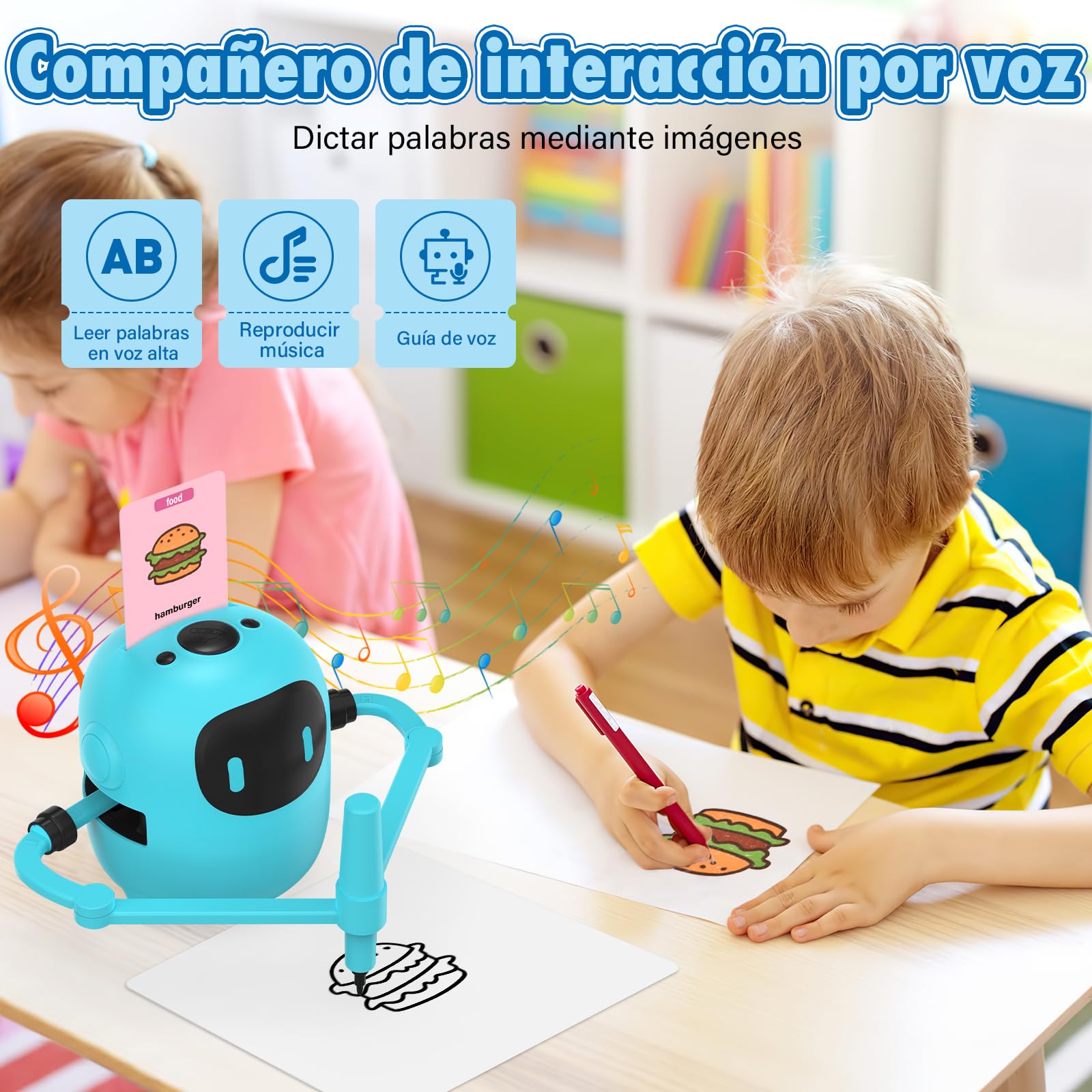 Robot de Dibujo Interactivo para Niños - Juguete Educativo con 100 Tarjetas y Lápiz, Robot Infantil con Voz en Inglés Recargable USB Type-C - Juguete Creativo para Niños y Niñas 3–10Años(Azul)
