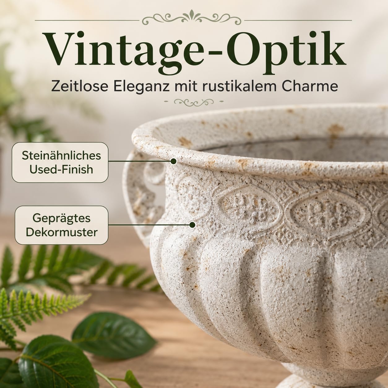 Vintage Pflanzurne aus Eisen, Weiß, 34,5 × 21,6 cm, Steinoptik